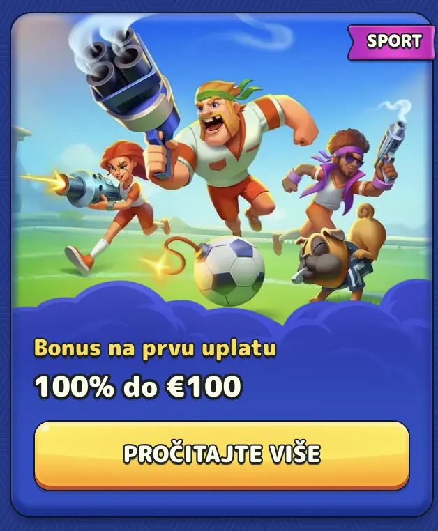 Ostvarite 100% bonusa do €100 na prvu uplatu u sportskom dijelu Animirani sportski tim s oružjem i nogometnom loptom – bonus na prvu uplatu